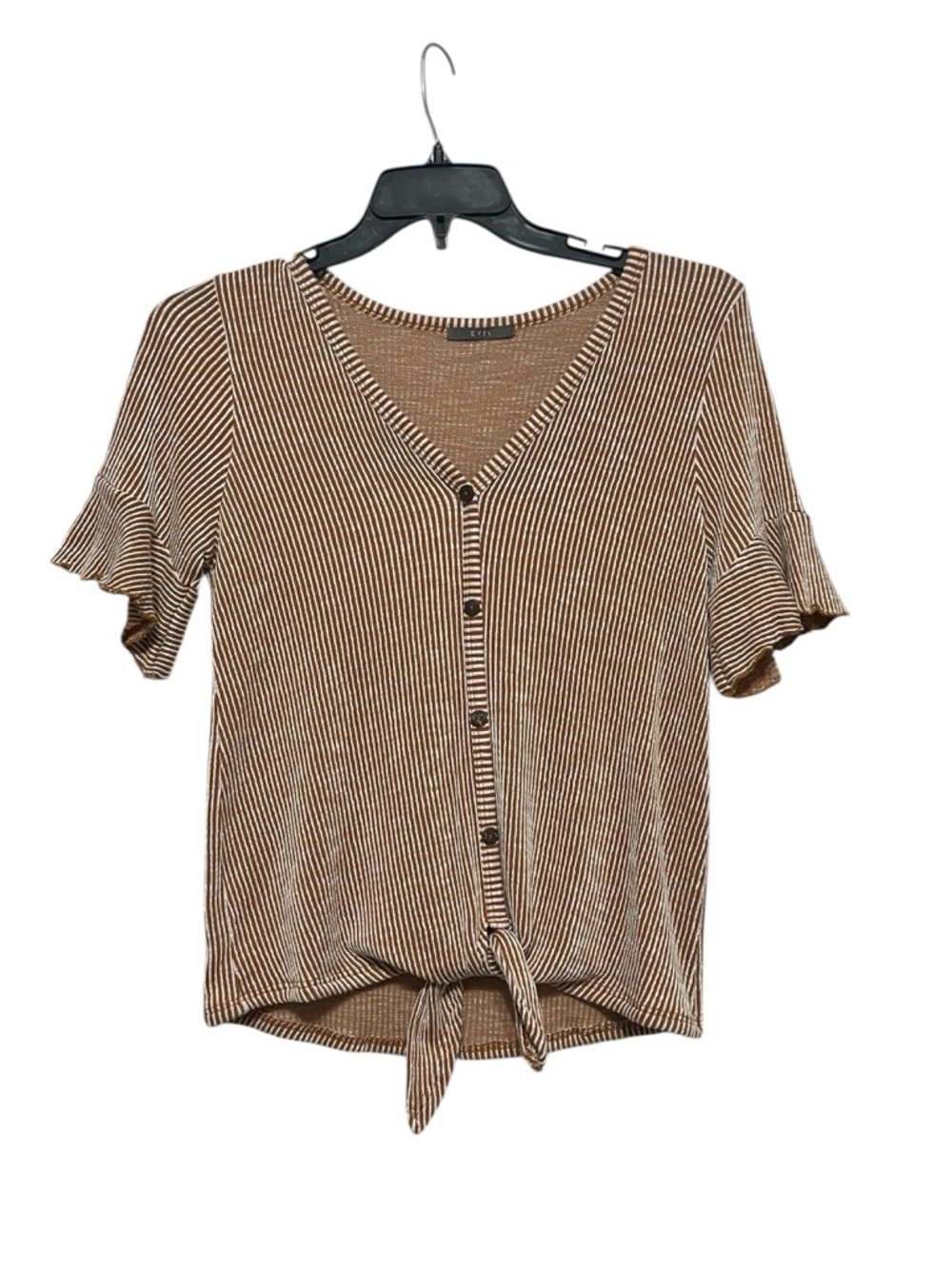 Gyft Medium Waffle Top Pin Stripe Ruffle Sleeve Blouse Shirt Top Buttons